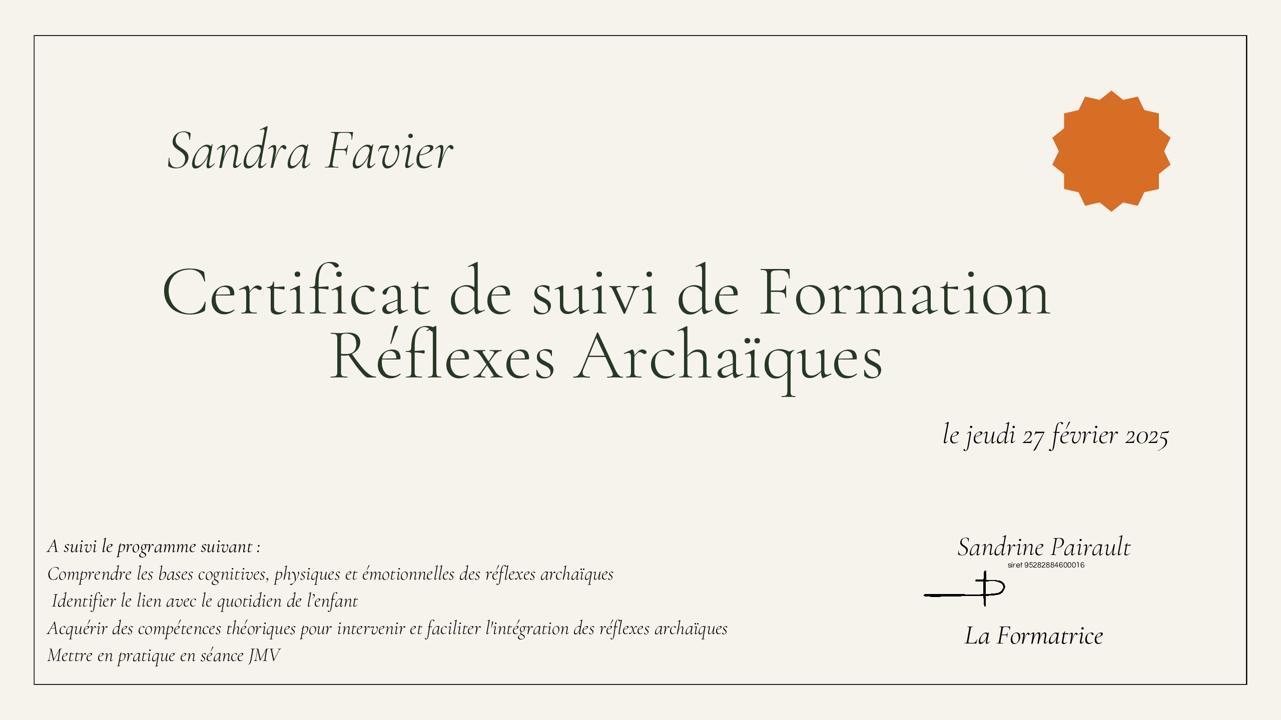 Sandra Favier Diplôme RA (1)